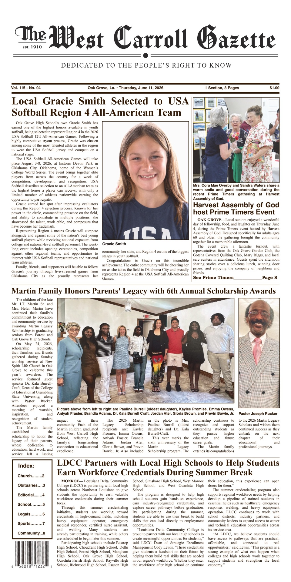 Front page of The West Carroll Gazette, Vol. 115 No. 04, Thursday June 11, 2026, featuring the Martin Legacy Scholarship article.